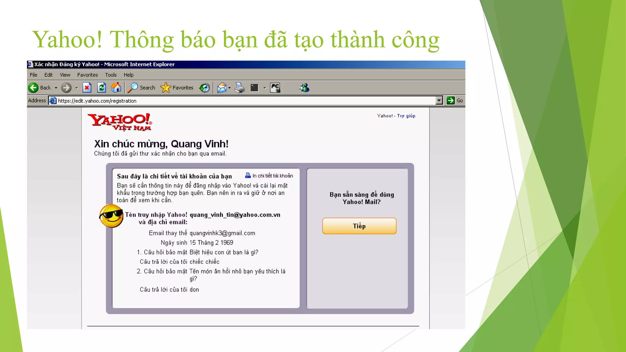 Yahoo! Thông báo bạn đã tạo thành công 
 