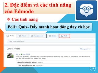 2. Đặc điểm và các tính năng
của Edmodo
 Các tính năng
Poll+ Quiz- Đẩy mạnh hoạt động dạy và học
14
 