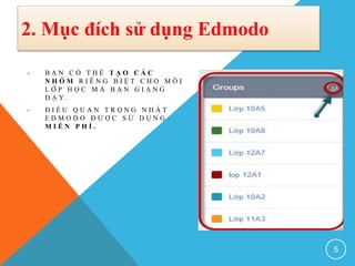 - B Ạ N C Ó T H Ể T Ạ O C Á C
N H Ó M R I Ê N G B I Ệ T C H O M Ỗ I
L Ớ P H Ọ C M À B Ạ N G I Ả N G
D Ạ Y.
- Đ I Ề U Q U A N T R Ọ N G N H Ấ T
E D M O D O Đ Ư Ợ C S Ử D Ụ N G
M I Ễ N P H Í .
5
2. Mục đích sử dụng Edmodo
 