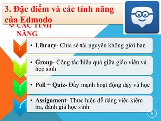  CÁC TÍNH
NĂNG
8
3. Đặc điểm và các tính năng
của Edmodo
1.
• Library- Chia sẻ tài nguyên không giới hạn
2
• Group- Cộng tác hiệu quả giữa giáo viên và
học sinh
3
• Poll + Quiz- Đẩy mạnh hoạt động dạy và học
4
• Assignment- Thực hiện dễ dàng việc kiểm
tra, đánh giá học sinh
 
