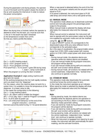 TECNOLOGIC - K series - ENGINEERING MANUAL -V0.7 PAG. 24
During the passivation and drying phases, the operator
is out of the booth and the system closes the shutter of
the air and recycles the internal air in order to reduce
the power consumption.
When the drying time is finished, before the operator is
allowed to enter into the boot, you must be sure that:
1) the air in the booth has been refreshed
2) the temperature is lower than a limit.
So that you need a profile like below:
Out 1 = H.rEG (heating output)
Out 2 = P.Et1 (program event 1)
Out 3 = P.run (program running)
Pr.E1and Pr.E2 = 10.10 (event 1 goes ON during ramp
1, soak 1, ramp 2 and soak 2)
When the program is running the door is locked
Application Example 2: edgb anding machine with
glue tank (for wood).
At the working temperature the hot melt rapidly oxidizes
and runs down from the “dispenser”.
For this reason, when the machine does not work for a
certain time, it is suitable to move the temperature of the
dispenser to a lower value to idle.
In this cases the configuration is the following:
Out 1 = h.reg (heating output)
Out 2 = AL (alarm used to enable the dragger)
diF.1 = P.run (dig. input 1 used for Program run/restart)
Pr.F = S.uP.S (start at power up)
Pr.E = cnt (Instrument behaviour at the end of the
program execution = continue).
Connect a proximity switch to Dig. In 1 for panel detection.
Temp.
Pr.S1
Wait
Pr.S1
20 °C
Time
Closed
Dig In 1
PWR
ON
Time
Closed
Closed
Closed
Prog.End
Pr.t1
Shutter
Time
Pr.S3 = 20 °C
Status
Run P.End
Temp.
Event 1
Passivation
Drying
Pr.S2
Wait
Pr.S1
20 °C
Event 1 = ON shutter closed
Time
Program
OFFOFF
Program Run
When a new panel is detected before the end of the first
soak time, the program restarts and the set point remain
equal to Pr.S1.
If no panel is detected, the instrument goes to Pr.S2
(idle temp) and remain there until a new panel arrives.
6.5 MANUAL MODE
This operative mode allows you to deactivate automatic
control and manually program the percentage power
output to the process.
When manual mode is selected the display will show
alternately the measured value and the message
“oPLo”.
When manual control is selected, the instrument will
start to operate with the same power output as the last
one supplied by automatic mode and can be modified
using the and buttons.
In case of ON/OFF control, 0% corresponds to the
deactivated output while any value different from 0
corresponds to the activated output.
As in the case of visualization, the programmable values
range from H100 (100% output power with reverse
action) to C100 (100% output power with direct action).
Note:
- During manual mode, the absolute alarms are
operative while the relative alarms are disabled.
- If you set manual modes during program execution,
the program will be aborted.
- If you set manual modes during self-tune execution,
the self- tune function will be aborted.
- During manual mode, all functions not related with the
control (wattmeter, indipendent timer, “worked time”,
etc) continue to operate normally.
6.6 STAND-BY MODE
This operative mode also deactivates the automatic
control but forces the control output to zero.
In this mode the instrument operates as an indicator.
When stand by mode is selected the display will show
alternately the measured value and the message
“St.bY”.
Note:
- During stand by mode, the relative alarms are
disabled while the absolute alarms are operative or
not according to the ALxo (Alarm x enabling during
Stand-by mode) parameter setting.
- If you set stand by mode during program execution,
the program will be aborted.
- If you set stand by mode during self-tune execution,
the self- tune function will be aborted.
- During stand by mode, all functions not related with
the control (wattmeter, indipendent timer, “worked
time”, etc) continue to operate normally.
- When the instrument is swapped from stand by to auto
modes, the instrument will start automatically the alarm
masking, and the soft start functions.
 