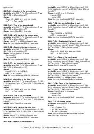 TECNOLOGIC - K series - ENGINEERING MANUAL -V0.7 PAG. 17
programmer.
[99] Pr.G2 – Gradient of the second ramp
Available: when [89] Pr.F is different from nonE and
[98] Pr.S2 is different from oFF
Range:
- From 0.1 ÷ 999.9 eng. units per minute
- inF = Step transfer
[100] Pr.t2 – Time of the second soak
Available: when [89] Pr.F is different from nonE and
[98] Pr.S2 is different from oFF
Range: from 0.00 to 99.59 time units
[101] Pr.b2 – Wait band of the second soak
Available: when [89] Pr.F is different from nonE and
[98] Pr.S2 is different from oFF
Range: from OFF to 9999 engineering units
Note: for more details see [96]Pr.b1 parameter
[102] Pr.E2 – Events of the second group
Available: when [89] Pr.F is different from nonE and
[98] Pr.S2 is different from oFF
Range: from 00.00 to 11.11 where
0 = event OFF
1 = event ON
Note: for more details see [97]Pr.E1 parameter.
[103] Pr.S3 - Set point of the third soak
Available: when [89] Pr.F is different from nonE and
[98] Pr.S2 is different from oFF
Range:
- from [73] SPLL to [74] SPHL
- oFF = program end
Note: for more details see [98]Pr.S2 parameter.
[104] Pr.G3 – Gradient of the third ramp
Available: when [89] Pr.F is different from nonE, [98]
Pr.S2 is different from oFF and [103] Pr.S3 is different
from OFF.
Range:
- From 0.1 ÷ 999.9 eng. units per minute
- inF = Step transfer
[105] Pr.t3 – Time of the third soak
Available: when [89] Pr.F is different from nonE, [98]
Pr.S2 is different from oFF and [103] Pr.S3 is different
from OFF.
Range: from 0.00 to 99.59 time units.
[106] Pr.b3 – Wait band of the third soak
Available: when [89] Pr.F is different from nonE, [98]
Pr.S2 is different from oFF and [103] Pr.S3 is different
from OFF.
Range: from OFF to 9999 engineering units
Note: for more details see [96]Pr.b1 parameter
[107] Pr.E3 – Events of the third group
Available: when [89] Pr.F is different from nonE, [98]
Pr.S2 is different from oFF and [103] Pr.S3 is different
from OFF.
Range: from 00.00 to 11.11 where
0 = event OFF
1 = event ON
Note: for more details see [97]Pr.E1 parameter.
[108] Pr.S4 - Set point of the fourth soak
Available: when [89] Pr.F is different from nonE, [98]
Pr.S2 is different from oFF and [103] Pr.S3 is different
from OFF.
Range:
- from [73] SPLL to [74] SPHL
- oFF = program end
Note: for more details see [98]Pr.S2 parameter.
[109] Pr.G4 – Gradient of the fourth ramp
Available: when [89] Pr.F is different from nonE, [98]
Pr.S2 is different from oFF, [103] Pr.S3 is different from
OFF and [108] Pr.S4 is different from OFF
Range:
- From 0.1 ÷ 999.9 eng. units per minute
- inF = Step transfer
[110] Pr.t4 – Time of the fourth soak
Available: when [89] Pr.F is different from nonE, [98]
Pr.S2 is different from oFF, [103] Pr.S3 is different from
OFF and [108] Pr.S4 is different from OFF
Range: from 0.00 to 99.59 time units.
[111] Pr.b4 – Wait band of the fourth soak
Available: when [89] Pr.F is different from nonE, [98]
Pr.S2 is different from oFF, [103] Pr.S3 is different from
OFF and [108] Pr.S4 is different from OFF
Range: from OFF to 9999 engineering units
Note: for more details see [96]Pr.b1 parameter
[112] Pr.E4 – Event of the fourth segment
Available: when [89] Pr.F is different from nonE, [98]
Pr.S2 is different from oFF, [103] Pr.S3 is different from
OFF and [108] Pr.S4 is different from OFF
Range: from 00.00 to 11.11 where
0 = event OFF
1 = event ON
Note: for more details see [97]Pr.E1 parameter.
[113] Pr.St – Program status
Available: when [89] Pr.F is different from nonE
Range:
- run = Program Run
- HoLd = Program Hold
- rES = Program reset
Note: this parameter allows to manage program
execution by a parameter.
 
