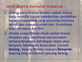 Jenis drama menurut masanya :
1. Drama Baru/Drama Modern adalah drama
   yang memiliki tujuan memberikan pendidikan
   kepada masyarakat yang umumnya bertema
   kehidupan manusia sehari-hari. Contohnya
   sinetron,opera dan film.
2. Drama Lama/Drama Klasik adalah drama
   khayalan yang umumnya menceritakan
   tentang kesaktian, kehidupan istana atau
   kerajaan, kehidupan dewa-dewi. Contoh
   lenong , topeng Betawi, dagelan/ketoprak,
   wayang yang dimainkan seorang dalang.
 