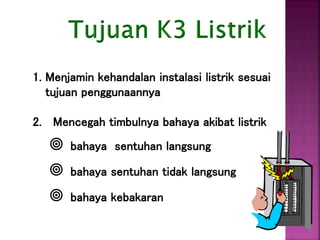 1. Menjamin kehandalan instalasi listrik sesuai
tujuan penggunaannya
2. Mencegah timbulnya bahaya akibat listrik
 bahaya sentuhan langsung
 bahaya sentuhan tidak langsung
 bahaya kebakaran
 