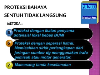 Proteksi dengan ikatan penyama
potensial lokal bebas BUMI
5
PROTEKSI BAHAYA
SENTUHTIDAK LANGSUNG
Proteksi dengan separasi listrik.
Memisahkan sirkit perlengkapan dari
jaringan sumber dg menggunakan trafo
pemisah atau motor generator.
6
Mamasang tanda keselamatan7
METODA :
37
 