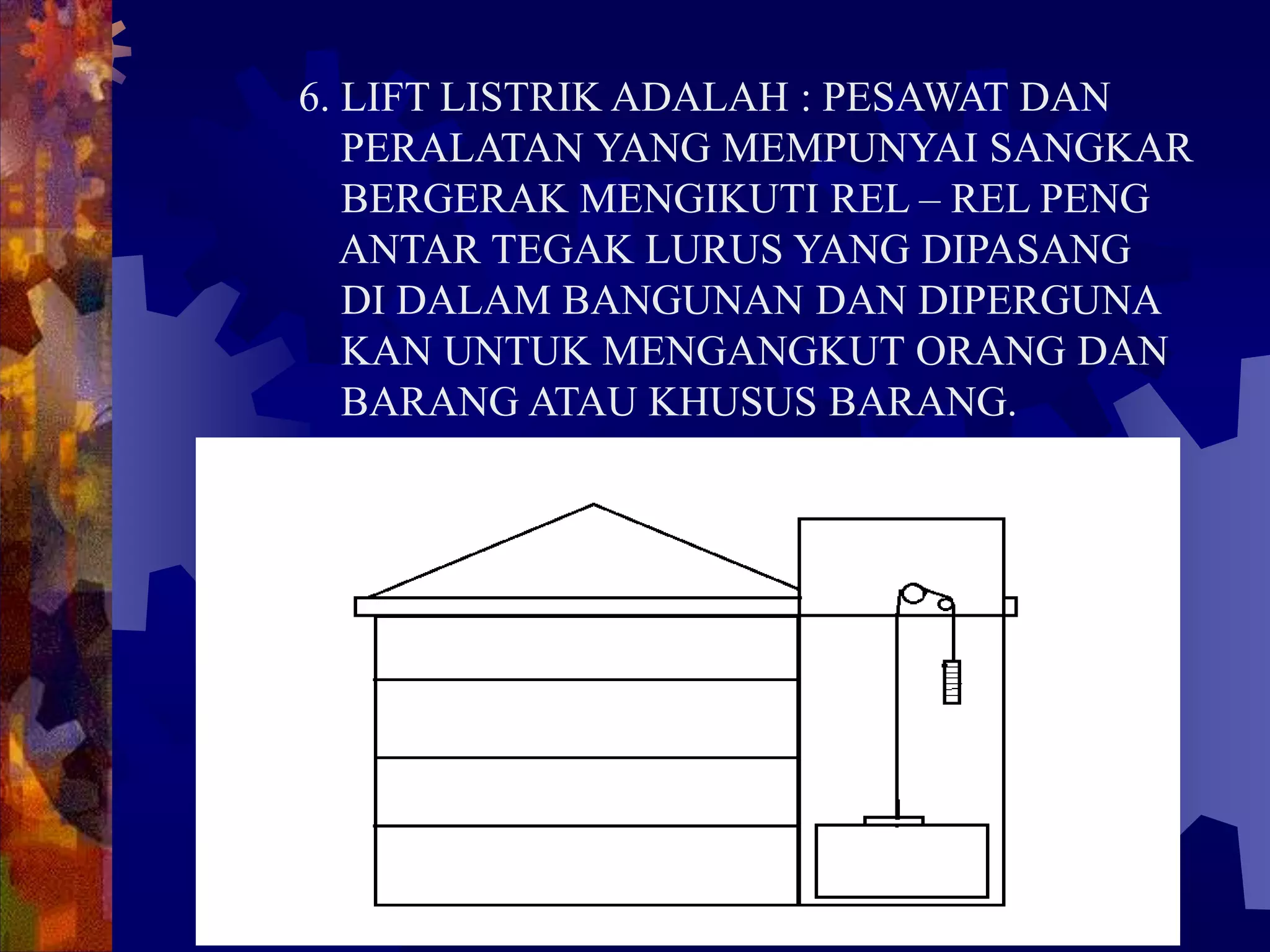 6. LIFT LISTRIK ADALAH : PESAWAT DAN
PERALATAN YANG MEMPUNYAI SANGKAR
BERGERAK MENGIKUTI REL – REL PENG
ANTAR TEGAK LURUS YANG DIPASANG
DI DALAM BANGUNAN DAN DIPERGUNA
KAN UNTUK MENGANGKUT ORANG DAN
BARANG ATAU KHUSUS BARANG.
 