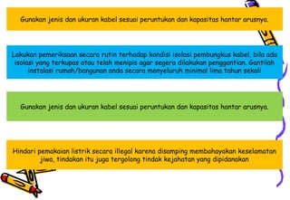 Gunakan jenis dan ukuran kabel sesuai peruntukan dan kapasitas hantar arusnya.
Lakukan pemeriksaan secara rutin terhadap kondisi isolasi pembungkus kabel, bila ada
isolasi yang terkupas atau telah menipis agar segera dilakukan penggantian. Gantilah
instalasi rumah/bangunan anda secara menyeluruh minimal lima tahun sekali
Gunakan jenis dan ukuran kabel sesuai peruntukan dan kapasitas hantar arusnya.
Hindari pemakaian listrik secara illegal karena disamping membahayakan keselamatan
jiwa, tindakan itu juga tergolong tindak kejahatan yang dipidanakan
 