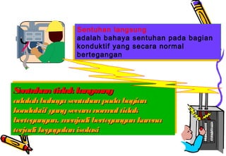 Sentuhan langsung
adalah bahaya sentuhan pada bagian
konduktif yang secara normal
bertegangan
Sentuhan langsung
adalah bahaya sentuhan pada bagian
konduktif yang secara normal
bertegangan
SentuhantidaklangsungSentuhantidaklangsung
adalahbahayasentuhanpadabagianadalahbahayasentuhanpadabagian
konduktif yangsecaranormaltidakkonduktif yangsecaranormaltidak
bertegangan, menjadibertegangankarenabertegangan, menjadibertegangankarena
terjadikegagalanisolasiterjadikegagalanisolasi
SentuhantidaklangsungSentuhantidaklangsung
adalahbahayasentuhanpadabagianadalahbahayasentuhanpadabagian
konduktif yangsecaranormaltidakkonduktif yangsecaranormaltidak
bertegangan, menjadibertegangankarenabertegangan, menjadibertegangankarena
terjadikegagalanisolasiterjadikegagalanisolasi
 