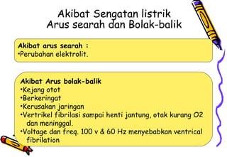 Akibat Sengatan listrik
Arus searah dan Bolak-balik
Akibat arus searah :
•Perubahan elektrolit.
Akibat Arus bolak-balik
•Kejang otot
•Berkeringat
•Kerusakan jaringan
•Vertrikel fibrilasi sampai henti jantung, otak kurang O2
dan meninggal.
•Voltage dan freq. 100 v & 60 Hz menyebabkan ventrical
fibrilation
 