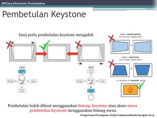 BPP303 Electronic Presentation
Pengurusan Perniagaan, Kolej Vokasional Kuala Kangsar 2014
Pembetulan Keystone
Imej perlu pembetulan keystone mengufuk
Pembetulan boleh dibuat menggunakan butang keystone atau akses menu
pembetulan keystone menggunakan butang menu
 