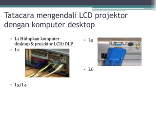 Tatacara mengendali LCD projektor
dengan komputer desktop
• L1 Hidupkan komputer
desktop & projektor LCD/DLP
• L2
• L3/L4
• L5
• L6
 