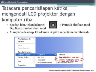 BPP303 Electronic Presentation
Pengurusan Perniagaan, Kolej Vokasional Kuala Kangsar 2014
Tatacara pencarisilapan ketika
mengendali LCD projektor dengan
komputer riba
• Kaedah lain, tekan kekunci + P untuk aktifkan mod
Duplicate dan lain-lain mod
• Atau pada dekstop, klik-kanan & pilih seperti menu dibawah
 