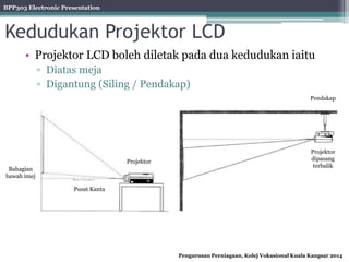 BPP303 Electronic Presentation
Pengurusan Perniagaan, Kolej Vokasional Kuala Kangsar 2014
Kedudukan Projektor LCD
• Projektor LCD boleh diletak pada dua kedudukan iaitu
▫ Diatas meja
▫ Digantung (Siling / Pendakap)
Pusat Kanta
Bahagian
bawah imej
Projektor
Projektor
dipasang
terbalik
Pendakap
 