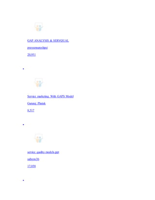 GAP ANALYSIS & SERVQUAL
praveensureshpai
20,951

Service marketing With GAPS Model
Gururaj Phatak
8,517

service quality-models-ppt
subroto36
17,058

 