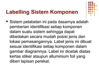 Labelling Sistem Komponen 
 Sistem pelabelan ini pada dasarnya adalah 
pemberian identifikasi setiap komponen 
dalam suatu sistem sehingga dapat 
dibedakan secara mudah posisi jenis dan 
lokasi pemasangannya. Label jenis ini dibuat 
sesuai identifikasi setiap komponen dalam 
gambar diagramnya. Label ini dicetak diatas 
kertas stiker ataupun alluminium foil yang 
diberi lapisan perekat. 
 