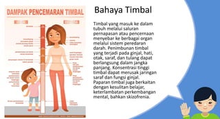 Bahaya Timbal
Timbal yang masuk ke dalam
tubuh melalui saluran
pernapasan atau pencernaan
menyebar ke berbagai organ
melalui sistem peredaran
darah. Penimbunan timbal
yang terjadi pada ginjal, hati,
otak, saraf, dan tulang dapat
berlangsung dalam jangka
panjang. Konsentrasi tinggi
timbal dapat merusak jaringan
saraf dan fungsi ginjal.
Paparan timbal juga berkaitan
dengan kesulitan belajar,
keterlambatan perkembangan
mental, bahkan skizofrenia.
 