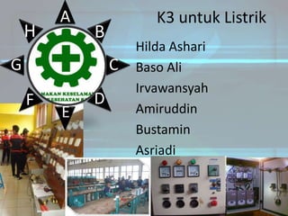 H

A

K3 untuk Listrik

B

G

C

F

E

D

Hilda Ashari
Baso Ali
Irvawansyah
Amiruddin
Bustamin
Asriadi

 
