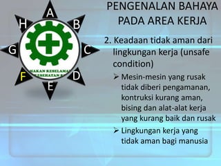 H

A

PENGENALAN BAHAYA
PADA AREA KERJA

B

G

C

F

E

D

2. Keadaan tidak aman dari
lingkungan kerja (unsafe
condition)
 Mesin-mesin yang rusak
tidak diberi pengamanan,
kontruksi kurang aman,
bising dan alat-alat kerja
yang kurang baik dan rusak
 Lingkungan kerja yang
tidak aman bagi manusia

 