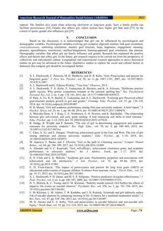 American Research Journal of Humanities Social Science (ARJHSS)R 2021
ARJHSS Journal www.arjhss.com Page | 74
support. The families also assist when achieving short-term or long-term goals. Such a family profile can
facilitate perseverance [34]. Gender also affects grit, where women have higher grit than men [37]. In the
context of sports, gender also influences grit [29].
V. CONCLUSION
Based on the discussion, it is acknowledged that grit can be influenced by psychological and
demographic variables. Psychological variables evolving grit comprise ofgrowth mindset, task goal orientation,
conscientiousness, contesting orientation, mastery goal structure, hope, happiness, engagement, meaning,
pleasure, agreeableness, neuroticism, intellect/imagination, learning-approach goal orientation, dan passion.
Demographic variables that affect grit are family influence and gender. Research has explained the positive
effects and factors that affect grit. In the future, grit research requires to be carried out from the perspective of
collectivity and individualist culture. Longitudinal and experimental research approaches to prove theoretical
studies on grit may be advanced in the future. Qualitative studies to explore the social and cultural factors in
Indonesia that compose grit should be investigated further.
REFERENCES
[1] A. L. Duckworth, C. Peterson, M. D. Matthews, and D. R. Kelly, “Grit: Perseverance and passion for
long-term goals,” J. Pers. Soc. Psychol., vol. 92, no. 6, pp. 1087–1101, 2007, doi: 10.1037/0022-
3514.92.6.1087.
[2] A. L. Duckworth and L. Eskreis-Winkler, “True Grit,” Observer, 2013. .
[3] A. L. Duckworth, T. A. Kirby, E. Tsukayama, H. Berstein, and K. A. Ericsson, “Deliberate practice
spells success: Why grittier competitors triumph at the national spelling bee,” Soc. Psycholoical
Personal. Sci., vol. 2, no. 2, pp. 174–181, 2011, doi: 10.1177/1948550610385872.
[4] D. Park, A. Yu, R. N. Baelen, E. Tsukayama, and A. L. Duckworth, “Fostering grit: Perceived school
goal-structure predicts growth in grit and grades,” Contemp. Educ. Psychol., vol. 55, pp. 120–128,
2018, doi: 10.1016/j.cedpsych.2018.09.007.
[5] H. D. Mason, “Grit and academic performance among first-year university students: A brief report,” J.
Psychol. Africa, vol. 28, no. 1, pp. 66–68, 2018, doi: 10.1080/14330237.2017.1409478.
[6] A. Mulcahy-Dunn, S. J. King, L. E. Nordstrum, E. O. Newton, and K. Batchelder, “The relationship
between grit, self-control, and early grade reading: A trial measuring soft skills in rural tanzania,”
Educ. Psychol., pp. 1–13, 2018, doi: 10.1080/01443410.2018.1475628.
[7] B. Hodge, B. Wright, and P. Bennett, “The role of grit in determining engagement and academic
outcomes for university students,” Res. High. Educ., vol. 59, no. 4, pp. 448–460, 2018, doi:
10.1007/s11162-017-9474-y.
[8] C. Chen, S. Ye, and E. Hangen, “Predicting achievement goals in the East and West: The role of grit
among american and chinese university students,” Educ. Psychol., pp. 1–18, 2018, doi:
10.1080/01443410.2018.1458975.
[9] M. Aparicio, F. Bacao, and T. Oliveira, “Grit in the path to e-learning success,” Comput. Human
Behav., vol. 66, pp. 388–399, 2017, doi: 10.1016/j.chb.2016.10.009.
[10] A. Alhadabi and A. C. Karpinski, “Grit, self-efficacy, achievement orientation goals, and academic
performance in university students,” Int. J. Adolesc. Youth, pp. 1–17, 2019, doi:
10.1080/02673843.2019.1679202.
[11] K. N. Clark and C. K. Malecki, “Academic grit scale: Psychometric properties and associations with
achievement and life satisfaction,” J. Sch. Psychol., vol. 72, pp. 49–66, 2019, doi:
10.1016/j.jsp.2018.12.001.
[12] E. D. Tovar-García, “The impact of perseverance and passion for long term goals (GRIT) on
educational achievements of migrant children: Evidence from tatarstan, russia,” Psicol. Educ., vol. 23,
pp. 19–27, 2017, doi: 10.1016/j.pse.2017.02.003.
[13] A. L. Duckworth, P. D. Quinn, and M. E. P. Seligman, “Positive predictors of teacher effectiveness,” J.
Posit. Psychol., vol. 4, no. 6, pp. 540–547, 2009, doi: 10.1080/17439760903157232.
[14] D. V. Blalock, K. C. Young, and E. M. Kleiman, “Stability amidst turmoil: Grit buffers the effects of
negative life events on suicidal ideation,” Psychiatry Res., vol. 228, no. 3, pp. 781–784, 2015, doi:
10.1016/j.psychres.2015.04.041.
[15] E. M. Kleiman, L. M. Adams, T. B. Kashdan, and J. H. Riskind, “Gratitude and grit indirectly reduce
risk of suicidal ideations by enhancing meaning in life: Evidence for a mediated moderation model,” J.
Res. Pers., vol. 47, pp. 539–546, 2013, doi: 10.1016/j.jrp.2013.04.007.
[16] M. D. Anestis and E. A. Selby, “Grit and perseverance in suicidal behavior and non-suicidal self-
Injury,” Death Stud., vol. 39, pp. 211–218, 2015, doi: 10.1080/07481187.2014.946629.
 