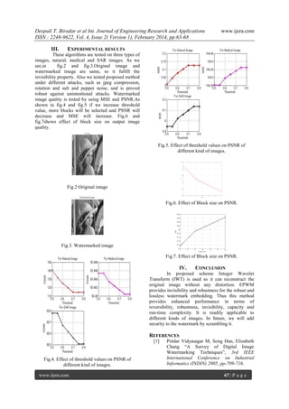 Deepali T. Biradar et al Int. Journal of Engineering Research and Applications
ISSN : 2248-9622, Vol. 4, Issue 2( Version 1), February 2014, pp.63-68
III.

www.ijera.com

EXPERIMENTAL RESULTS

These algorithms are tested on three types of
images, natural, medical and SAR images. As we
see,in
fig.2 and fig.3.Original image and
watermarked image are same, so it fulfill the
invisibility property. Also we tested proposed method
under different attacks, such as jpeg compression,
rotation and salt and pepper noise, and is proved
robust against unintentional attacks. Watermarked
image quality is tested by using MSE and PSNR.As
shown in fig.4 and fig.5 if we increase threshold
value, more blocks will be selected and PSNR will
decrease and MSE will increase. Fig.6 and
fig.7shows effect of block size on output image
quality.

Fig.5. Effect of threshold values on PSNR of
different kind of images.

Fig.2 Original image
Fig.6. Effect of Block size on PSNR.

Fig.3. Watermarked image
Fig.7. Effect of Block size on PSNR.

IV.

CONCLUSION

In proposed scheme Integer Wavelet
Transform (IWT) is used so it can reconstruct the
original image without any distortion. EPWM
provides invisibility and robustness for the robust and
lossless watermark embedding. Thus this method
provides enhanced performance in terms of
reversibility, robustness, invisibility, capacity and
run-time complexity. It is readily applicable to
different kinds of images. In future, we will add
security to the watermark by scrambling it.

REFERENCES
[1]

Fig.4. Effect of threshold values on PSNR of
different kind of images.
www.ijera.com

Potdar Vidyasagar M, Song Han, Elizabeth
Chang “A Survey of Digital Image
Watermarking Techniques”, 3rd IEEE
International Conference on Industrial
Informatics (INDIN) 2005, pp-709-716.
67 | P a g e

 