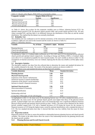 The Influence of Planning Horizon on Church Growth in Harare, Zimbabwe
*Corresponding Author: Frank Chikhata www.aijbm.com 99 | Page
Table 4.1: Results of the Shapiro-Wilk (S-W) test of normality of data
Composite variable Shapiro-Wilk (S-W) test
Statistic Significance
Planning horizon .998 .221
Spiritual church growth .992 .150
Physical church growth .989 .089
Overall church growth .994 .164
As Table 4.1 shows, the p-values for the composite variables were as follows: planning horizon 0.221; for
spiritual church growth 0.150; for physical church growth 0.089; and overall church growth 0.164. All such
values exceeded 0.05, and thus there is no difference between the distribution of this data set and the normal
distribution. This implied that the dataset was normally distributed.
5.2 Reliability Test
The reliability test was conducted to test for internal consistency of the interviewer-administered questionnaire.
Cronbach`s alpha test was used in this research and the results are shown in Table 4.2.
Table 4.2: Reliability Statistics
Variable No. of Items Cronbach’s Alpha
(α)
Decision
Planning Horizon 4 0.704 Accept
Church growth(physical) 15 0.805 Accept
Church growth (spiritual) 64 0.933 Accept
As indicated in Table 4.2, Cronbach alpha coefficients are 0.704, 0.805 and 0.933 for planning horizon, physical
church growth and spiritual church respectively. According to George and Mallery (2003), a Cronbach Alpha
score above 0.7 is considered acceptable for most research studies. For each variable as shown in table 4.2, the
assumptions of internal consistency were not violated, implying that the data was reliable as all the alpha values
> 0.70.
5.3 Descriptive Statistics
The descriptive analysis was done from the collected data to determine the means and standard deviations for
the variables obtained in the study. The results of the descriptive analysis are shown in table 4.3.
Table 4.3: Mean scores and standard deviations of church growth variables
Variable dimension Mean Standard deviation
Planning horizon 3.38 0.67
Physical Church growth 3.53 0.43
Expansion in the church’s infrastructure 3.31 0.69
Numerical increase in church membership 3.31 0.72
Expansion of the church’s social ministries 3.64 0.61
Increase in church’s financial resources 3.18 0.70
Spiritual Church growth 3.96 0.39
Interconnectedness of humanity 3.97 0.48
Spiritual identification 4.22 0.33
Relationship with God 3.92 0.47
Living One’s Philosophy of Life with Integrity 3.71 0.64
As highlighted in table 4.3, the mean score for the planning horizon was 3.38 with a standard deviation of 0.67.
Additionally, the mean scores for the spiritual church growth were higher than those of the physical church
growth. A paired sample t-test was conducted, and it was found that there was a significant difference between
physical church growth and spiritual church growth (p-value <0.001). The mean scores obtained for the church
growth variables ranged from 3.18 with a standard deviation of 0.70 being the lowest for the increase in
financial resources to 4.22 being the highest mean, scored by spiritual identification with a standard deviation of
0.33. The low standard deviation (less than 1) showed that there was less viability from the mean for those
variables.
5.4 Regression analysis
Regression analysis was done to assess the predictive relationship between planning horizon and church growth
variables. The results in the tables below show the extent of the relationship between the planning horizon and
the church growth variables
5.4.1 Planning Horizon and Overall Church Growth
 