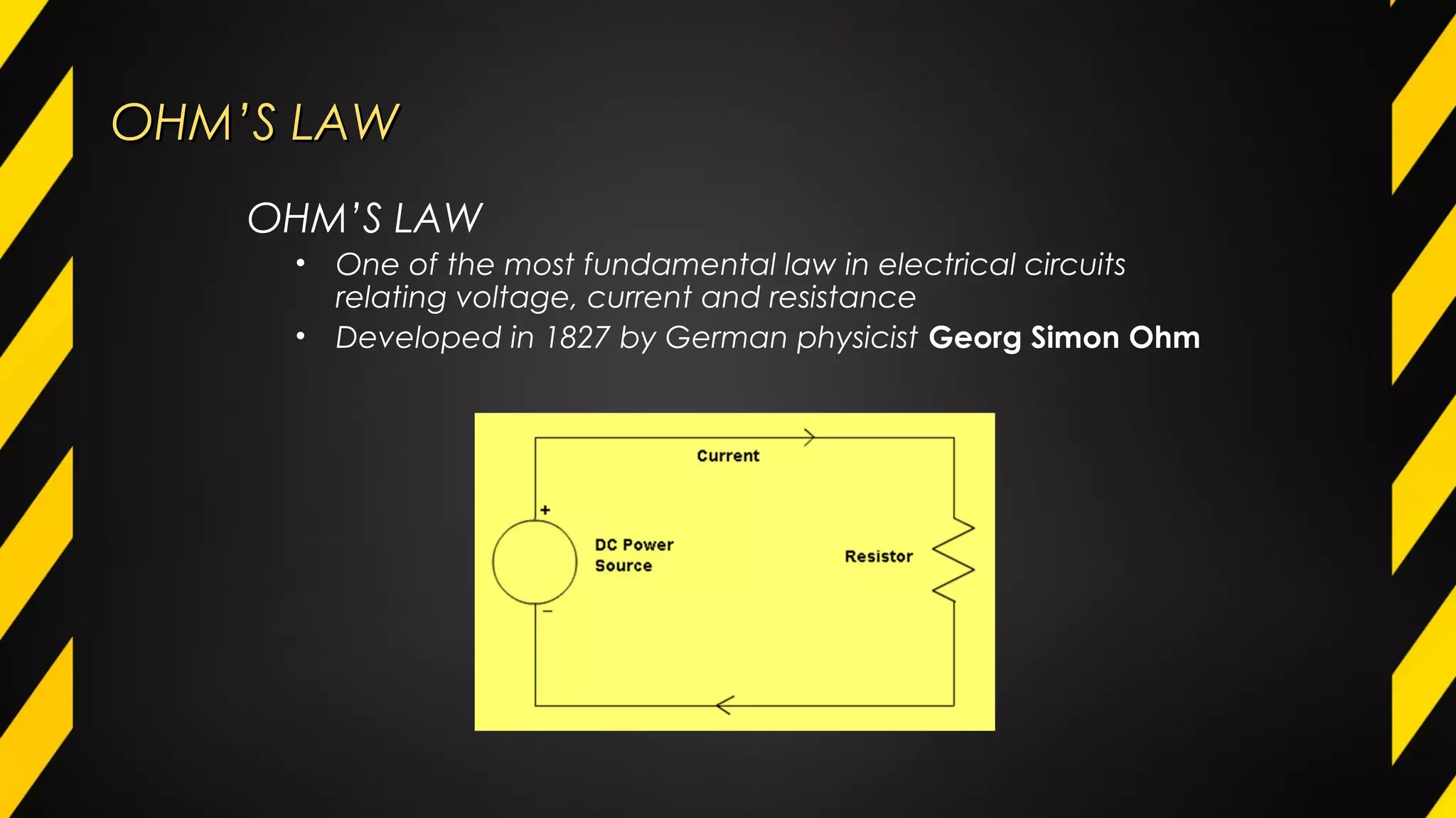 OHM’S LAWOHM’S LAW
OHM’S LAW
• One of the most fundamental law in electrical circuits
relating voltage, current and resistance
• Developed in 1827 by German physicist Georg Simon Ohm
 