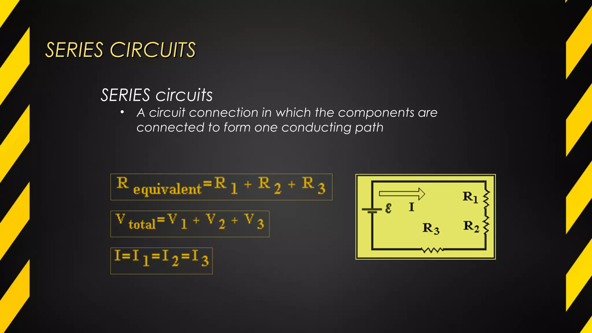 SERIES CIRCUITSSERIES CIRCUITS
SERIES circuits
• A circuit connection in which the components are
connected to form one conducting path
 