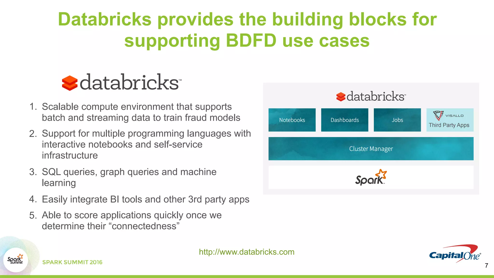 Databricks provides the building blocks for
supporting BDFD use cases
1. Scalable compute environment that supports
batch and streaming data to train fraud models
2. Support for multiple programming languages with
interactive notebooks and self-service
infrastructure
3. SQL queries, graph queries and machine
learning
4. Easily integrate BI tools and other 3rd party apps
5. Able to score applications quickly once we
determine their “connectedness”
Third Party Apps
http://www.databricks.com
7
 
