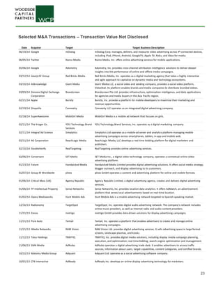 23
Date Acquiror Target Target Business Description
06/19/14 Google mDialog mDialog Corp. manages, delivers, and measures video advertising across IP-connected devices,
including iPad, iPhone, Android, GoogleTV, Apple TV, Roku, and Xbox for media.
06/05/14 Twitter Namo Media Namo Media, Inc. offers online advertising services for mobile applications.
05/06/14 Google Adometry Adometry, Inc. provides cross-channel attribution intelligence solutions to deliver deeper
insights into the performance of online and offline media campaigns.
03/12/14 GearyLSF Group Red Bricks Media Red Bricks Media, Inc. operates as a digital marketing agency that takes a highly interactive
and agile approach to capitalize on dynamic media and technology ecosystems.
03/10/14 Adknowledge Giant Media Giant Media LLC, a social video and seeding company, provides a social video platform,
VideoStat. Its platform enables brands and media companies to distribute branded videos.
03/03/14 Zenovia Digital Exchange
Corporation
Brandscreen Brandscreen Pte Ltd. provides infrastructure, optimization intelligence, and data applications
for agencies and media buyers in the Asia Pacific region.
02/21/14 Apple Burstly Burstly, Inc. provides a platform for mobile developers to maximize their marketing and
revenue opportunities.
02/19/14 Shopzilla Connexity Connexity LLC operates as an integrated digital advertising company.
02/18/14 SuperAwesome MobiGirl Media MobiGirl Media is a mobile ad network that focuses on girls.
02/11/14 The Kroger Co. YOU Technology Brand
Services
YOU Technology Brand Services, Inc. operates as a digital marketing company.
02/11/14 Integral Ad Science Simplytics Simplytics Ltd operates as a mobile ad server and analytics platform managing mobile
advertising campaigns across smartphones, tablets, in-app and mobile web.
02/11/14 A6 Corporation ReachLogic Media ReachLogic Media, LLC develops a real time bidding platform for digital marketers and
publishers.
02/10/14 DoubleVerify RealTargeting RealTargeting provides online advertising services.
02/06/14 Conversant SET Media SET Media Inc., a digital video technology company, operates a contextual online video
advertising platform.
01/23/14 Future Handpicked Media Handpicked Media Limited provides digital advertising solutions. It offers social media strategy,
blogger outreach, and display advertising to its customers.
01/07/14 Group M Worldwide plista plista GmbH operates a content and advertising platform for online and mobile formats.
01/06/14 Critical Mass (UK) Agency Republic Agency Republic Limited, a digital advertising agency, creates and delivers digital advertising
services.
01/06/14 YP Intellectual Property Sense Networks Sense Networks, Inc. provides location data analytics. It offers AdMatch, an advertisement
platform that serves local advertisements based on real-time location.
01/02/14 Opera Mediaworks Hunt Mobile Ads Hunt Mobile Ads is a mobile advertising network targeted to Spanish-speaking market.
12/16/13 Radionomy TargetSpot TargetSpot, Inc. operates digital audio advertising network. The company’s network includes
online music providers, as well as Internet radio and audio content providers.
11/21/13 Zanox metrigo metrigo GmbH provides data-driven solutions for display advertising campaigns.
11/21/13 Pure Auto Tentail Tentail, Inc. operates a platform that enables advertisers to create and manage online
advertising campaigns.
11/21/13 iMedia Networks RAM Vision RAM Vision Ltd. provides digital advertising services. It sells advertising space in large format
screens, landscape plasmas, and kiosks.
11/12/13 Talus Holdings TRAFFIQ TRAFFIQ, Inc. provides digital media solutions, including display media campaign planning,
execution, and optimization; real-time bidding; search engine optimization and management.
11/06/13 SMA Media AdNubo AdNubo operates a digital advertising trade desk. It enables advertisers to access traffic
sources, information about users, target capabilities, content categories, and certified brands.
10/22/13 Matomy Media Group Adquant Adquant Ltd. operates as a social advertising software company.
10/01/13 CPX Interactive AdReady AdReady Inc. develops an online display advertising technology for marketers.
Selected M&A Transactions – Transaction Value Not Disclosed
 