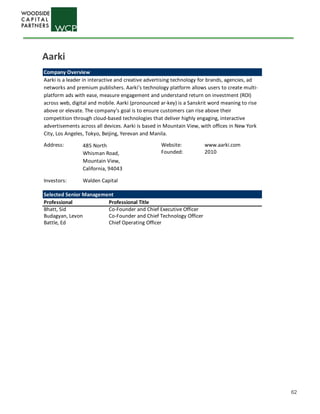 62
Company Overview
Address: Website: www.aarki.com
Founded: 2010
Investors:
Selected Senior Management
Professional Professional Title
Bhatt, Sid Co-Founder and Chief Executive Officer
Budagyan, Levon Co-Founder and Chief Technology Officer
Battle, Ed Chief Operating Officer
Aarki is a leader in interactive and creative advertising technology for brands, agencies, ad
networks and premium publishers. Aarki’s technology platform allows users to create multi-
platform ads with ease, measure engagement and understand return on investment (ROI)
across web, digital and mobile. Aarki (pronounced ar-key) is a Sanskrit word meaning to rise
above or elevate. The company’s goal is to ensure customers can rise above their
competition through cloud-based technologies that deliver highly engaging, interactive
advertisements across all devices. Aarki is based in Mountain View, with offices in New York
City, Los Angeles, Tokyo, Beijing, Yerevan and Manila.
485 North
Whisman Road,
Mountain View,
California, 94043
Walden Capital
Aarki
 