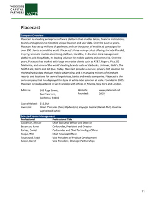 71
Company Overview
Placecast is a leading enterprise software platform that enables telcos, financial institutions,
brands and agencies to monetize unique location and user data. Over the past six years,
Placecast has set up millions of geofences and ran thousands of mobile ad campaigns for
over 300 clients around the world. Placecast’s three main product offerings include PlaceAd,
its programmatic mobile advertising platform, LocalBox, its location data management
platform, and ShopAlerts, its leading solution for mobile wallets and commerce. Over the
years, Placecast has worked with large enterprise clients such as AT&T, Rogers, Visa, O2
Telefonica, and some of the world’s leading brands such as Starbucks, Unilever, Kiehl’s, The
North Face, Kohl’s and Jet Blue. Today, Placecast provides a secure, privacy-first solution for
monetizing big data through mobile advertising, and is managing millions of merchant
records and locations for several large telcos, banks and media companies. Placecast is the
only company that has deployed this type of white-label solution at scale. Founded in 2005,
Placecast is headquartered in San Francisco with offices in Atlanta, New York and London.
Address: Website: www.placecast.net
Founded: 2005
Capital Raised: $12.9M
Investors:
Selected Senior Management
Professional Professional Title
Goodman, Alistair Chief Executive Officer and Director
Bezancon, Anne Co-founder, President and Director
Parkes, Daniel Co-founder and Chief Technology Officer
Peppo, Will Chief Financial Officer
Touesnard, Todd Vice President of Product Development
Anson, David Vice President, Strategic Partnerships
165 Page Street,
San Francisco,
California, 94102
Onset Ventures (Terry Opdendyk), Voyager Capital (Daniel Ahn), Quatrex
Capital (Jodi Jahic)
Placecast
 