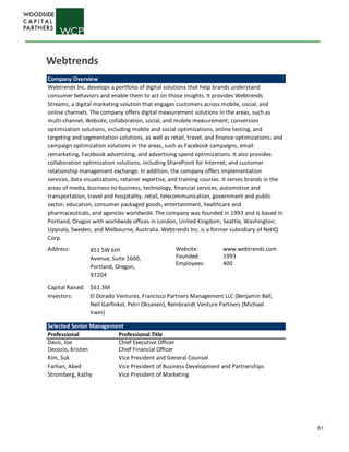 81
Webtrends
Company Overview
Address: Website: www.webtrends.com
Founded: 1993
Employees: 400
Capital Raised: $61.3M
Investors:
Selected Senior Management
Professional Professional Title
Davis, Joe Chief Executive Officer
Decozio, Kristen Chief Financial Officer
Kim, Suk Vice President and General Counsel
Farhan, Abed Vice President of Business Development and Partnerships
Stromberg, Kathy Vice President of Marketing
El Dorado Ventures, Francisco Partners Management LLC (Benjamin Ball,
Neil Garfinkel, Petri Oksanen), Rembrandt Venture Partners (Michael
Irwin)
Webtrends Inc. develops a portfolio of digital solutions that help brands understand
consumer behaviors and enable them to act on those insights. It provides Webtrends
Streams, a digital marketing solution that engages customers across mobile, social, and
online channels. The company offers digital measurement solutions in the areas, such as
multi-channel, Website, collaboration, social, and mobile measurement; conversion
optimization solutions, including mobile and social optimizations, online testing, and
targeting and segmentation solutions, as well as retail, travel, and finance optimizations; and
campaign optimization solutions in the areas, such as Facebook campaigns, email
remarketing, Facebook advertising, and advertising spend optimizations. It also provides
collaboration optimization solutions, including SharePoint for Internet; and customer
relationship management exchange. In addition, the company offers implementation
services, data visualizations, retainer expertise, and training courses. It serves brands in the
areas of media, business-to-business, technology, financial services, automotive and
transportation, travel and hospitality, retail, telecommunication, government and public
sector, education, consumer packaged goods, entertainment, healthcare and
pharmaceuticals, and agencies worldwide. The company was founded in 1993 and is based in
Portland, Oregon with worldwide offices in London, United Kingdom; Seattle, Washington;
Uppsala, Sweden; and Melbourne, Australia. Webtrends Inc. is a former subsidiary of NetIQ
Corp.
851 SW 6th
Avenue, Suite 1600,
Portland, Oregon,
97204
 