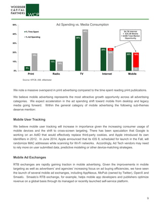 9
5%
12%
38%
25%
20%19%
10%
45%
22%
4%
0%
10%
20%
30%
40%
50%
Print Radio TV Internet Mobile
Ad Spending vs. Media Consumption
% Time Spent
% Ad Spending
$4.7B Internet
+ $25.3B Mobile
= $30B Total Market
Opportunity
3%
16%
Ad Spending vs. Media Consumption
We note a massive overspend in print advertising compared to the time spent reading print publications.
We believe mobile advertising represents the most attractive growth opportunity across all advertising
categories. We expect acceleration in the ad spending shift toward mobile from desktop and legacy
media going forward. Within the general category of mobile advertising the following sub-themes
deserve mention:
Mobile User Tracking
We believe mobile user tracking will increase in importance given the increasing consumer usage of
mobile devices and the shift to cross-screen targeting. There has been speculation that Google is
working on an AdID that would effectively replace third-party cookies, and Apple introduced its own
identifiers in 2012. In June 2014, Apple announced that its iOS 8, scheduled for launch in the Fall, will
randomize MAC addresses while scanning for Wi-Fi networks. Accordingly, Ad Tech vendors may need
to rely more on user submitted data, predictive modeling or other device-matching strategies.
Mobile Ad Exchanges
RTB exchanges are rapidly gaining traction in mobile advertising. Given the improvements in mobile
targeting as well as advertisers’ and agencies’ increasing focus on ad buying efficiencies, we have seen
the launch of several mobile ad exchanges, including AppNexus, MoPub (owned by Twitter), OpenX and
Smaato. Smaato’s RTB exchange, for example, helps mobile app developers and publishers optimize
revenue on a global basis through its managed or recently launched self-service platform.
Source: KPCB, IAB, eMarketer
 
