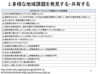 2.多様な地域課題を発見する・共有する
15
UDC2014ワークショップで議論された地域課題
47 まちの持続可能性をインデックス（指標）化したい
48 橋梁の劣化など、インフラの不利益・リスクのある情報も積極的に公開して、地域での維持管理に活用したい
49 目に見えない危険情報を可視化したい
50 災害発生時のサバイバル情報を提供したい
51 過去の災害を踏まえ、現在の場所や災害危険度を予め知りたい
52 森林資源を利用したい人と利用してほしい人の情報マッチングを支援したい
53 農林業に関わるデータの共有と見える化を促進したい
54 森林資源を利用したい人と利用してほしい人とをつなげたい
55 観光地のオフピークを活性化したい
56 観光エコシステムをつくりたい
57 広報誌の情報を活用したい（北海道室蘭市）
58 地域の観光資源の掘り起こしと情報発信をしたい（北海道室蘭市）
59 生活（北海道室蘭市）
60 地域の観光資源の掘り起こしと情報発信をしたい（茨城県水戸市）
61 商店街の活性化を図りたい（茨城県水戸市）
62 歩きたくなるまちづくり（東京都日野市）
63 安心して暮らせるまちづくり（東京都日野市）
http://udct-data.aigid.jp/storage/f/2014-12-
02T01%3A10%3A04.638Z/udc2014issues1202.xls
 
