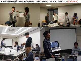 19
2014年9月〜11月「アーバンデータチャレンジ2014in 石川 Vol.1~3 ハッカソン」（各20名参加）
 