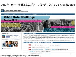 2013年4月〜 実践的試み「アーバンデータチャレンジ東京2013」
4
Source: http://aigid.jp/GIS/udct/2013/index.html
 