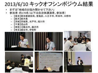 2013/6/10 キックオフシンポジウム結果
• まずは「地域のお悩み聞かせて下さい」
• 参加者：約170名（以下は自治体講演者、参加者）
– 【東京】東京都建設局、豊島区、八王子市、町田市、日野市
– 【栃木】栃木県
– 【茨城】茨城県、水戸市、桜川市
– 【千葉】流山市
– 【神奈川】横浜市、藤沢市
– 【埼玉】越谷市、伊奈町
6
 