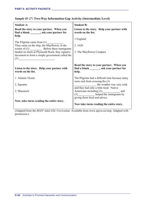 PART II: ACTIVITY PACKETS ______________________________________________________
II–50 Activities to Promote Interaction and Communication
Sample II–27: Two-Way Information Gap Activity (Intermediate Level)
Student A:
Read the story to your partner. When you
find a blank _______, ask your partner for
help.
The Pilgrims came from (1) ___________.
They came on the ship, the Mayflower, in the
winter of (2) ________. Before these immigrants
landed on shore at Plymouth Rock, they signed a
document to form a simple government called the
(3) _________________________.
Listen to the story. Help your partner with
words on the list.
1. Atlantic Ocean
2. Squanto
3. Massasoit
Now, take turns reading the entire story.
Student B:
Listen to the story. Help your partner with
words on the list.
1 England
2. 1620
3. The Mayflower Compact
Read the story to your partner. When you
find a blank _______, ask your partner for
help.
The Pilgrims had a difficult time because many
were sick from crossing the (1)
_______________, the weather was very cold,
and they had only a little food. Native
Americans including (2) ____________ and
(3)____________ helped the immigrants by
giving them food and advice.
Now take turns reading the entire story.
(Adapted from the REEP Adult ESL Curriculum. Available from www.apsva.us/reep. Adapted with
permission.)
 