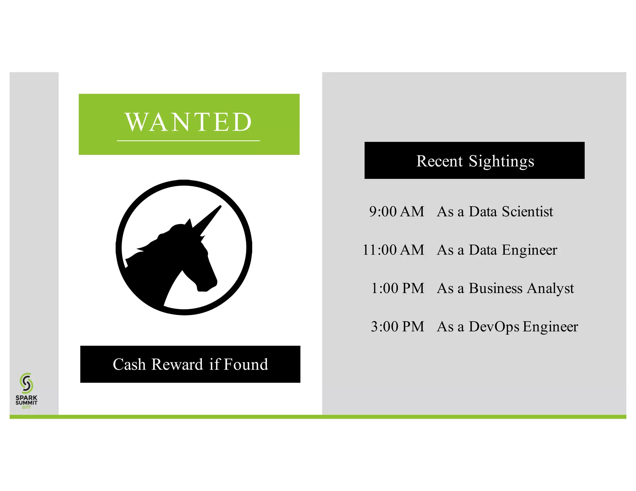 ==== WANTED Cash Reward if Found Recent Sightings 9:00 AM As a Data Scientist 11:00 AM As a Data Engineer 1:00 PM As a Business Analyst 3:00 PM As a DevOps Engineer