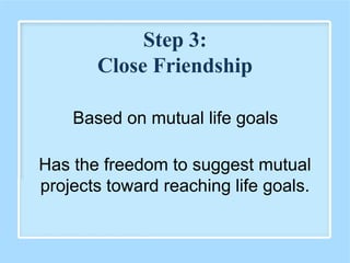 Based on mutual life goals
Has the freedom to suggest mutual
projects toward reaching life goals.
Step 3:
Close Friendship
 