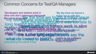 Common Concerns for Test/QA Managers 
“developers and testers work in 
silos and don’t communicate/speak 
the same language” 
“By the time we found a major issue 
with the architecture it was too late to 
economically fix it” 
“my testers are spending too 
long tes“dtienvge tlhoep esrasm aen dth tiensgt”ers work in silos 
“we have a changed requirement, 
what do I need to test?” 
“the developers say the 
defects are useless” 
“when is and my don’t software communicate/ready to 
speak 
ship?” “the developers say the 
“we hatvhee as acmhaen lgaendg ureaqguei”rement, 
what do I need to test?” 
defects are useless” 
“my testers are spending too 
long testing the same thing” 
“By the time we found a 
major issue with the 
architecture it was too late 
to economically fix it” 
“when is my software 
ready to ship?” 
 