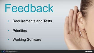 Feedback 
• Requirements and Tests 
• Priorities 
• Working Software 
 