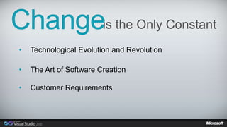 Change 
is the Only Constant 
• Technological Evolution and Revolution 
• The Art of Software Creation 
• Customer Requirements 
 