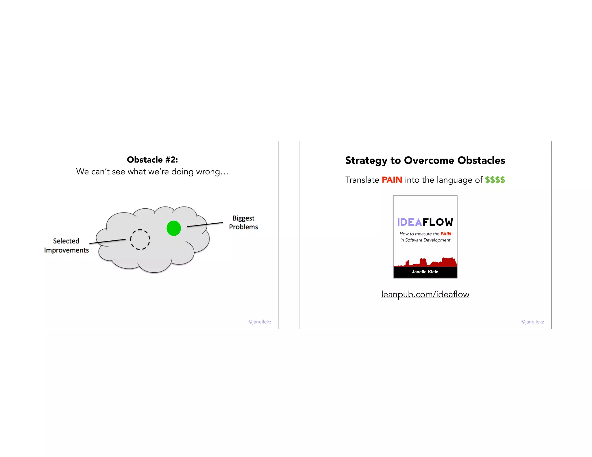Obstacle #2:
We can’t see what we’re doing wrong…
@janellekz
Strategy to Overcome Obstacles
How to measure the PAIN
in Software Development
Janelle Klein
leanpub.com/ideaflow
Translate PAIN into the language of $$$$
@janellekz
 