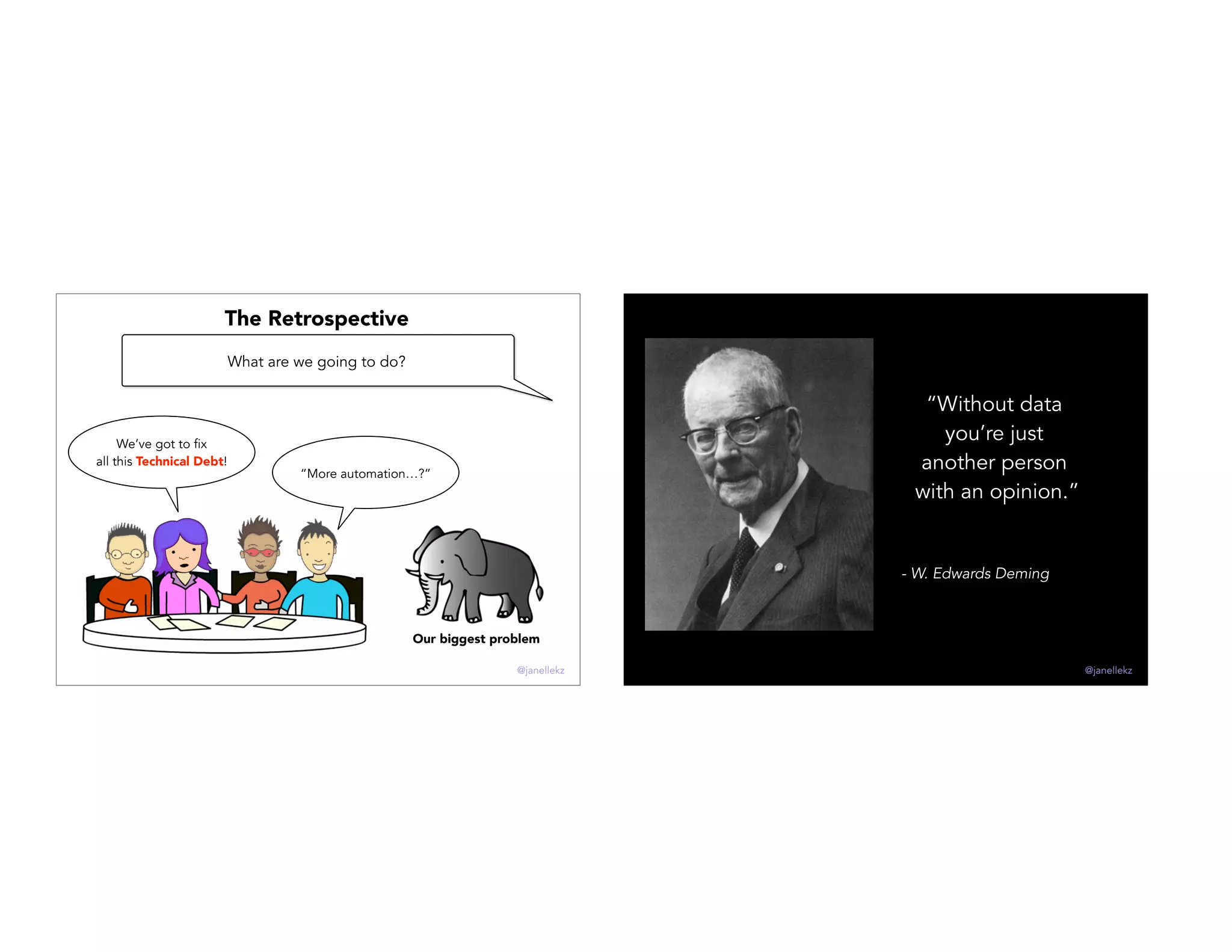 The Retrospective
Our biggest problem
“More automation…?”
What are we going to do?
We’ve got to fix
all this Technical Debt!
@janellekz
“Without data
you’re just
another person
with an opinion.”
- W. Edwards Deming
@janellekz
 