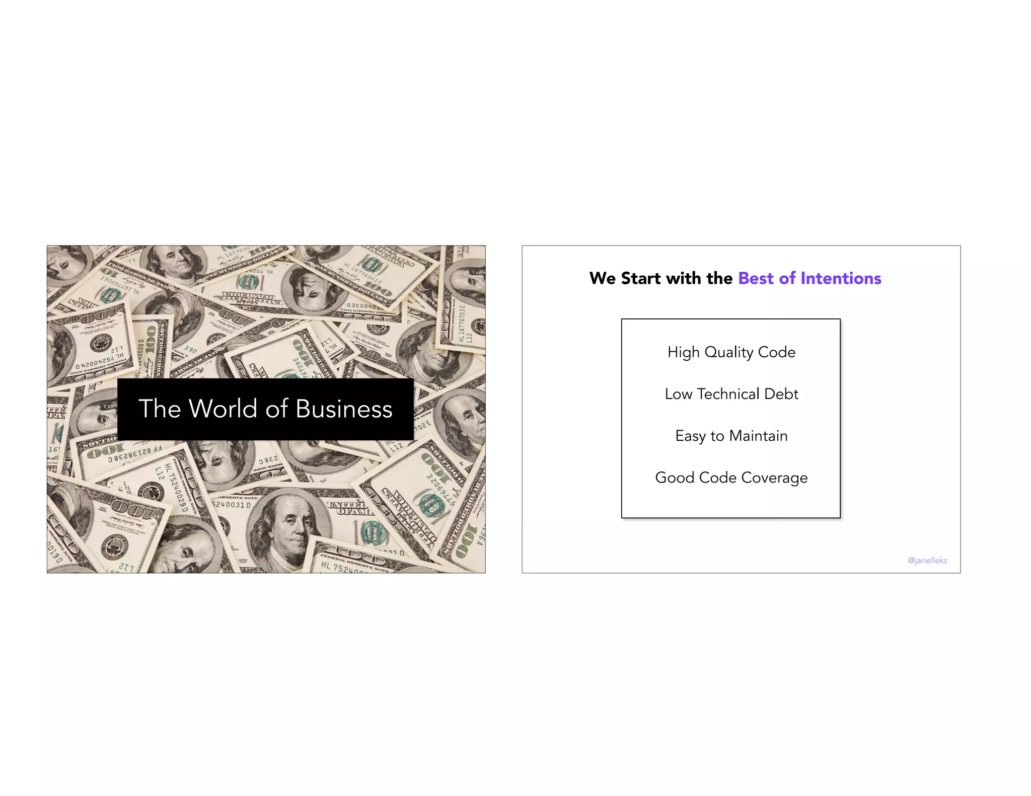 The World of Business
We Start with the Best of Intentions
High Quality Code
Low Technical Debt
Easy to Maintain
Good Code Coverage
@janellekz
 