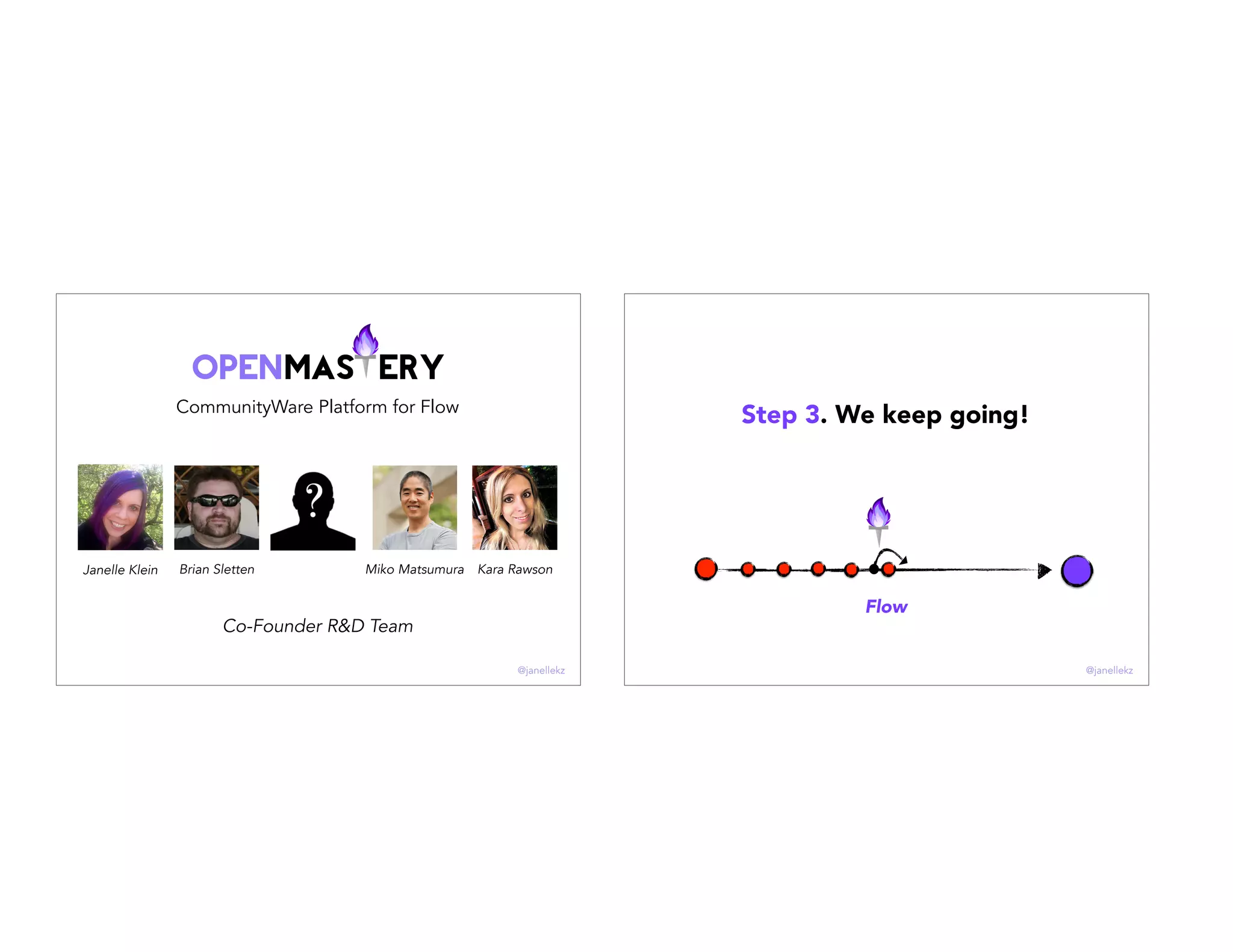 CommunityWare Platform for Flow
Brian Sletten Miko Matsumura Kara RawsonJanelle Klein
Co-Founder R&D Team
@janellekz
Step 3. We keep going!
Flow
@janellekz
 
