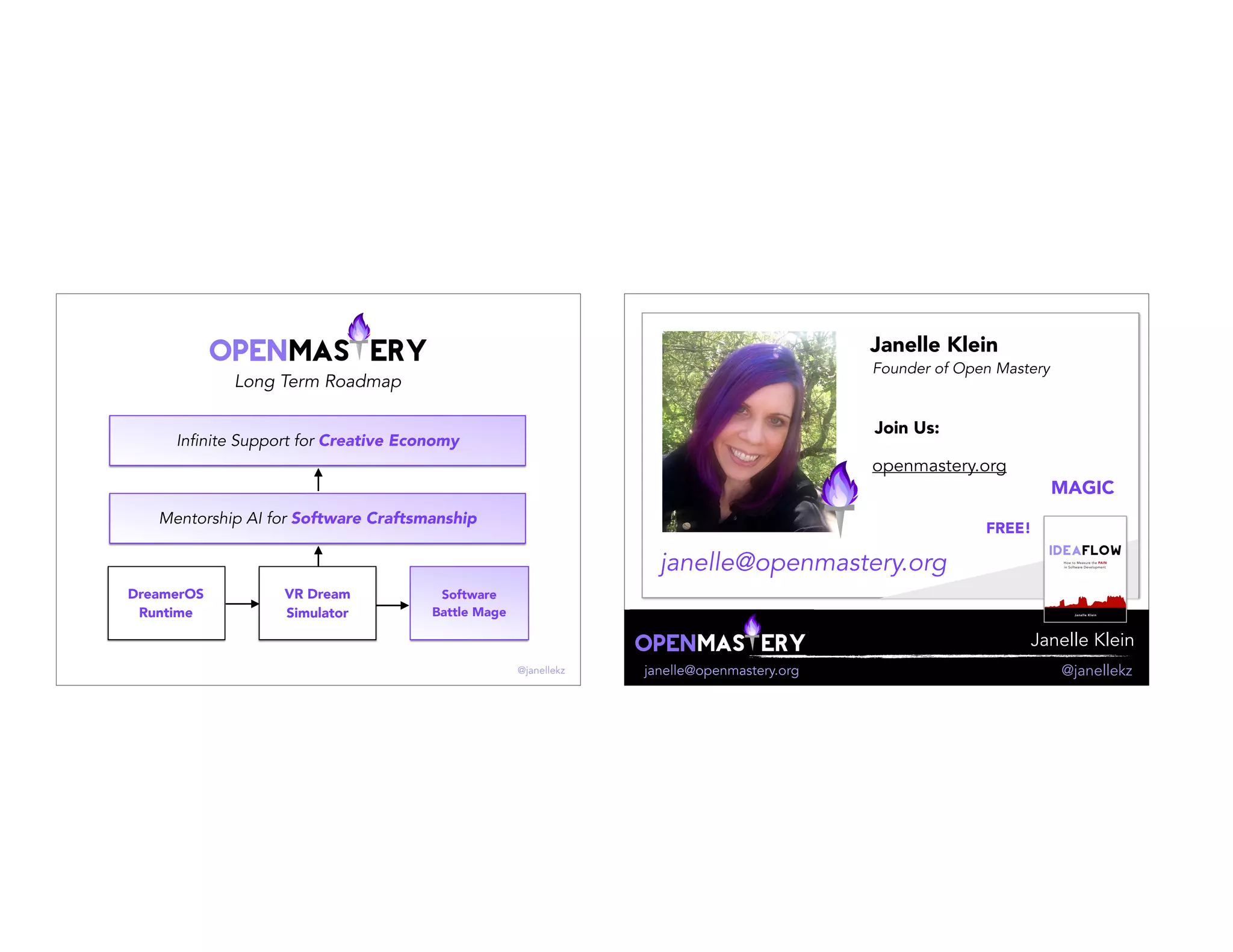 Long Term Roadmap
Software
Battle Mage
Mentorship AI for Software Craftsmanship
Infinite Support for Creative Economy
DreamerOS
Runtime
VR Dream
Simulator
@janellekz
Janelle Klein
janelle@openmastery.org @janellekz
Janelle Klein
Founder of Open Mastery
janelle@openmastery.org
Join Us:
openmastery.org
FREE!
MAGIC
 
