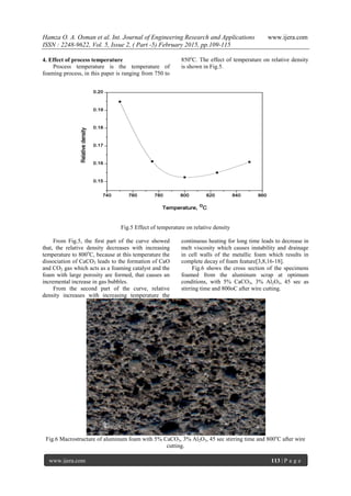 Hamza O. A. Osman et al. Int. Journal of Engineering Research and Applications www.ijera.com
ISSN : 2248-9622, Vol. 5, Issue 2, ( Part -5) February 2015, pp.109-115
www.ijera.com 113 | P a g e
4. Effect of process temperature
Process temperature is the temperature of
foaming process, in this paper is ranging from 750 to
850o
C. The effect of temperature on relative density
is shown in Fig.5.
740 760 780 800 820 840 860
0.15
0.16
0.17
0.18
0.19
0.20
Relativedensity
Temperature,
o
C
Fig.5 Effect of temperature on relative density
From Fig.5, the first part of the curve showed
that, the relative density decreases with increasing
temperature to 800o
C, because at this temperature the
dissociation of CaCO3 leads to the formation of CaO
and CO2 gas which acts as a foaming catalyst and the
foam with large porosity are formed, that causes an
incremental increase in gas bubbles.
From the second part of the curve, relative
density increases with increasing temperature the
continuous heating for long time leads to decrease in
melt viscosity which causes instability and drainage
in cell walls of the metallic foam which results in
complete decay of foam feature[3,8,16-18].
Fig.6 shows the cross section of the specimens
foamed from the aluminum scrap at optimum
conditions, with 5% CaCO3, 3% Al2O3, 45 sec as
stirring time and 800oC after wire cutting.
Fig.6 Macrostructure of aluminum foam with 5% CaCO3, 3% Al2O3, 45 sec stirring time and 800o
C after wire
cutting.
 