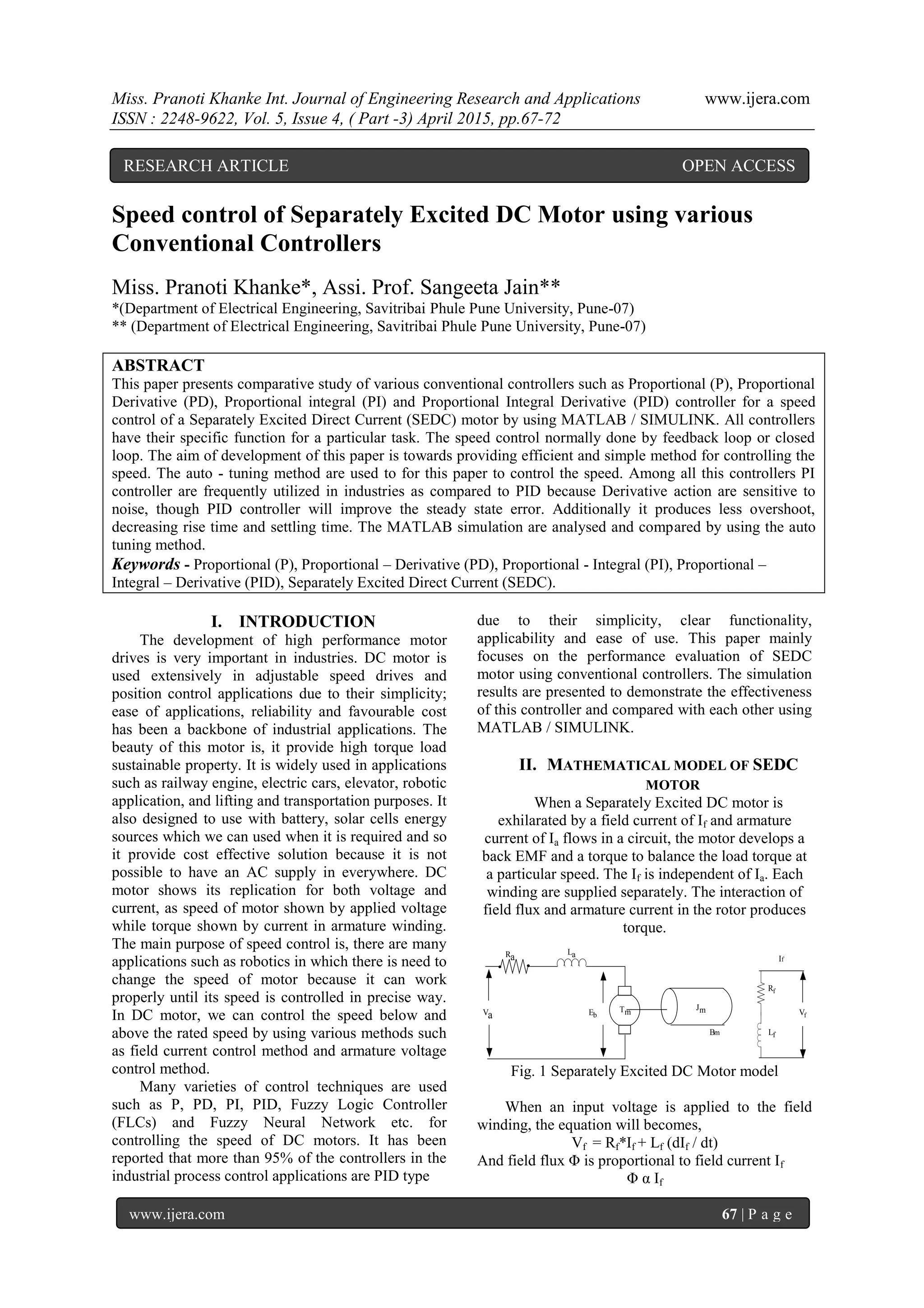 Speed control of Separately Excited DC Motor using various Conventional ...